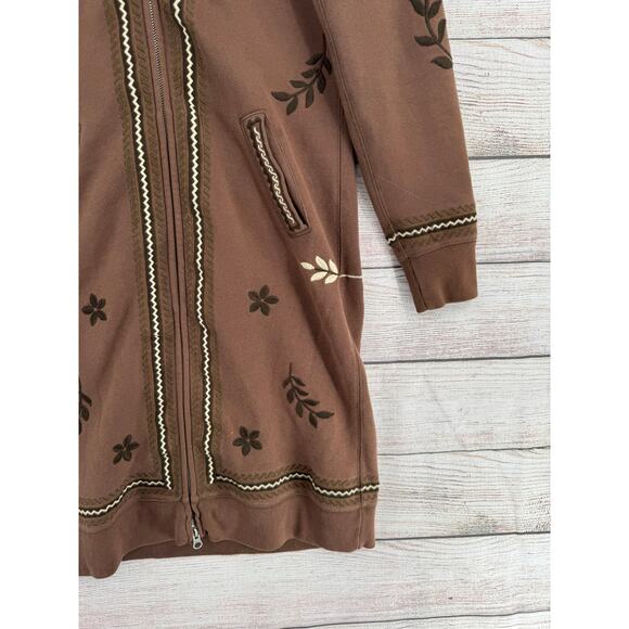 Lucky Brand Embroidered Faux Fur Trim Hoodie Duster Dress Womens Small Brown - Picture 6 of 12